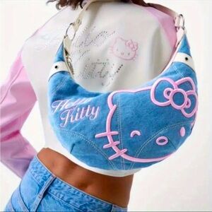 🆕 Hello Kitty Denim Shoulder Bag - Chic Underarm Crossbody Tote Embroidered 😻